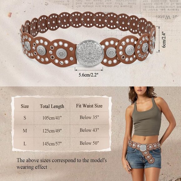 Women Vintage Disc Waist Concho Leather Belt Boho Waist Belt Brown Silver Buckle - Picture 5 of 7
